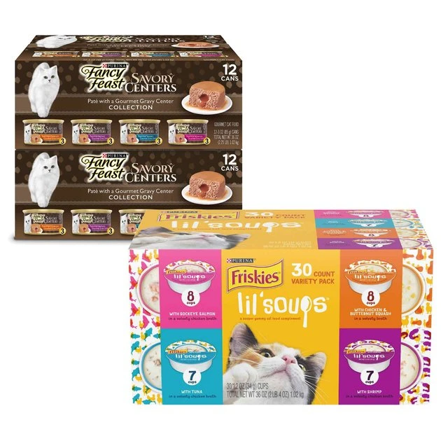 Fancy Feast||Friskies Fancy Feast Savory Centers Variety Pack Canned Cat Food, 3-oz, case of 24 & Friskies Lil' Soups Broths Variety Pack Lickable Cat Treats, 1.2-oz cup, case of 30 3 Fancy Feast||Friskies Fancy Feast Savory Centers Variety Pack Canned Cat Food, 3-oz, case of 24 & Friskies Lil' Soups Broths Variety Pack Lickable Cat Treats, 1.2-oz cup, case of 30