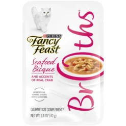 Fancy Feast Broths Seafood Bisque & Accents of Real Crab Grain-Free Cat Food Topper, 1.4-oz, case of 16