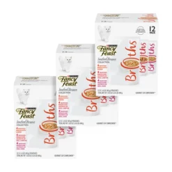 Fancy Feast Broths Seafood Bisque Collection Variety Pack Grain-Free Cat Food Topper, 1.4-oz pouch, case of 12, 3 count