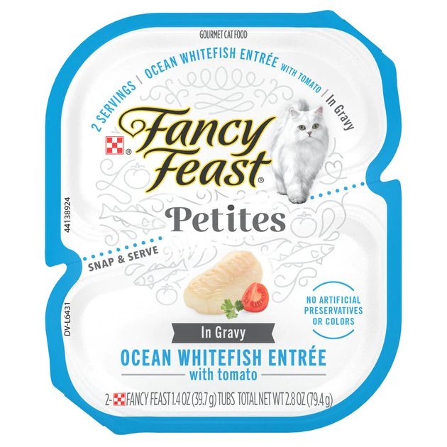 Fancy Feast Petites In Gravy Ocean Whitefish with Tomato Entree Grain-Free Wet Cat Food, 2.8-oz, case of 12 3 Fancy Feast Petites In Gravy Ocean Whitefish with Tomato Entree Grain-Free Wet Cat Food, 2.8-oz, case of 12