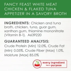Fancy Feast Appetizers Grain-Free White Meat Chicken & Flaked Tuna Appetizer in Savory Broth Wet Cat Food, 1.1-oz tray, case of 10 14 Fancy Feast Appetizers Grain-Free White Meat Chicken & Flaked Tuna Appetizer in Savory Broth Wet Cat Food, 1.1-oz tray, case of 10 -FANCY FEAST Sales 285079 PT4. SY630 V1618960635