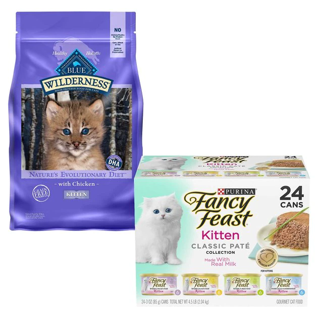 Blue Buffalo||Fancy Feast Blue Buffalo Wilderness Kitten Chicken Recipe Grain-Free Dry Food + Fancy Feast Tender Feast Canned Kitten Food 3 Blue Buffalo||Fancy Feast Blue Buffalo Wilderness Kitten Chicken Recipe Grain-Free Dry Food + Fancy Feast Tender Feast Canned Kitten Food