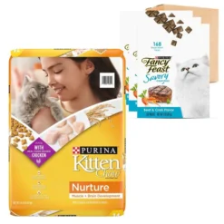 Kitten Chow||Fancy Feast Kitten Chow Nurture Muscle & Brain Development Dry Food + Fancy Feast Savory Cravings Limited Ingredient Beef & Crab Flavor Cat Treats