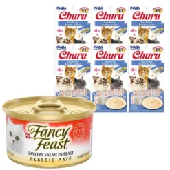 Fancy Feast||Inaba Fancy Feast Classic Savory Salmon Feast Canned Food + Inaba Churu Grain-Free Tuna Puree Lickable Cat Treat