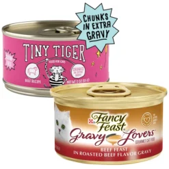 Tiny Tiger||Fancy Feast Tiny Tiger Chunks in EXTRA Gravy Beef Recipe Grain-Free Canned Cat Food, 3-oz, case of 24 + Fancy Feast Gravy Lovers Beef Feast in Roasted Beef Flavor Gravy Canned Cat Food, 3-oz, case of 24