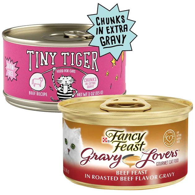 Tiny Tiger||Fancy Feast Tiny Tiger Chunks in EXTRA Gravy Beef Recipe Grain-Free Canned Cat Food, 3-oz, case of 24 + Fancy Feast Gravy Lovers Beef Feast in Roasted Beef Flavor Gravy Canned Cat Food, 3-oz, case of 24 3 Tiny Tiger||Fancy Feast Tiny Tiger Chunks in EXTRA Gravy Beef Recipe Grain-Free Canned Cat Food, 3-oz, case of 24 + Fancy Feast Gravy Lovers Beef Feast in Roasted Beef Flavor Gravy Canned Cat Food, 3-oz, case of 24