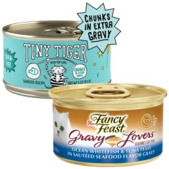 Tiny Tiger||Fancy Feast Tiny Tiger Chunks in EXTRA Gravy Seafood Recipe Grain-Free Canned Cat Food, 3-oz, case of 24 + Fancy Feast Gravy Lovers Ocean Whitefish & Tuna Feast in Sauteed Seafood Flavor Gravy Canned Cat Food, 3-oz, case of 24