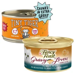 Tiny Tiger||Fancy Feast Tiny Tiger Chunks in EXTRA Gravy Turkey Recipe Grain-Free Canned Cat Food, 3-oz, case of 24 + Fancy Feast Gravy Lovers Turkey Feast in Roasted Turkey Flavor Gravy Canned Cat Food, 3-oz, case of 24