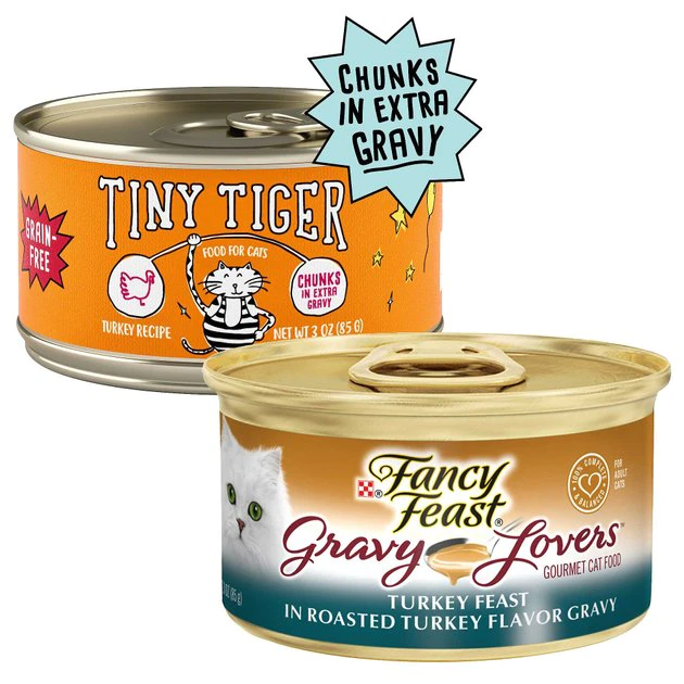 Tiny Tiger||Fancy Feast Tiny Tiger Chunks in EXTRA Gravy Turkey Recipe Grain-Free Canned Cat Food, 3-oz, case of 24 + Fancy Feast Gravy Lovers Turkey Feast in Roasted Turkey Flavor Gravy Canned Cat Food, 3-oz, case of 24 3 Tiny Tiger||Fancy Feast Tiny Tiger Chunks in EXTRA Gravy Turkey Recipe Grain-Free Canned Cat Food, 3-oz, case of 24 + Fancy Feast Gravy Lovers Turkey Feast in Roasted Turkey Flavor Gravy Canned Cat Food, 3-oz, case of 24