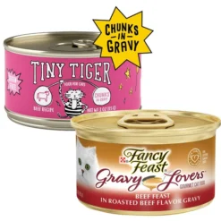 Tiny Tiger||Fancy Feast Tiny Tiger Chunks in Gravy Beef Recipe Grain-Free Canned Cat Food, 3-oz, case of 24 + Fancy Feast Gravy Lovers Beef Feast in Roasted Beef Flavor Gravy Canned Cat Food, 3-oz, case of 24