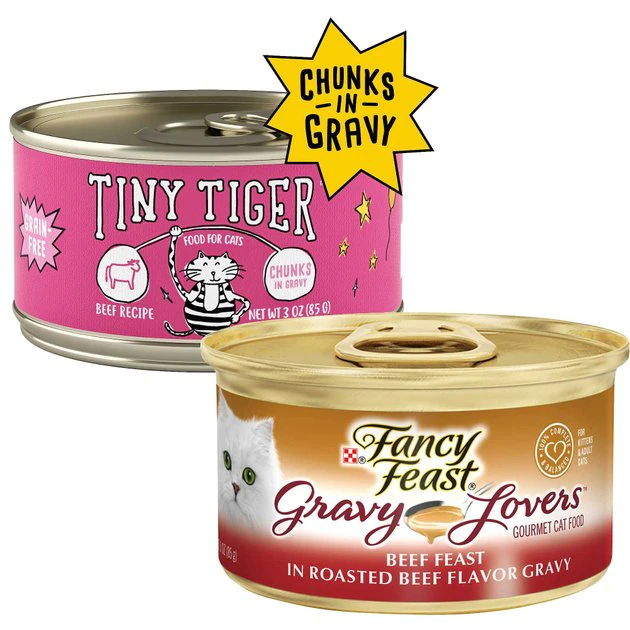 Tiny Tiger||Fancy Feast Tiny Tiger Chunks in Gravy Beef Recipe Grain-Free Canned Cat Food, 3-oz, case of 24 + Fancy Feast Gravy Lovers Beef Feast in Roasted Beef Flavor Gravy Canned Cat Food, 3-oz, case of 24 3 Tiny Tiger||Fancy Feast Tiny Tiger Chunks in Gravy Beef Recipe Grain-Free Canned Cat Food, 3-oz, case of 24 + Fancy Feast Gravy Lovers Beef Feast in Roasted Beef Flavor Gravy Canned Cat Food, 3-oz, case of 24