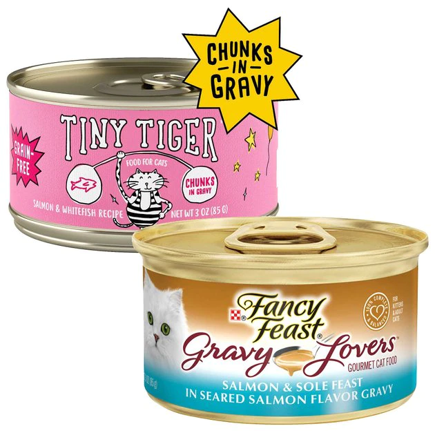 Tiny Tiger||Fancy Feast Tiny Tiger Chunks in Gravy Salmon & Whitefish Recipe Grain-Free Canned Cat Food, 3-oz, case of 24 + Fancy Feast Gravy Lovers Salmon & Sole Feast in Seared Salmon Flavor Gravy Canned Cat Food, 3-oz, case of 24 3 Tiny Tiger||Fancy Feast Tiny Tiger Chunks in Gravy Salmon & Whitefish Recipe Grain-Free Canned Cat Food, 3-oz, case of 24 + Fancy Feast Gravy Lovers Salmon & Sole Feast in Seared Salmon Flavor Gravy Canned Cat Food, 3-oz, case of 24