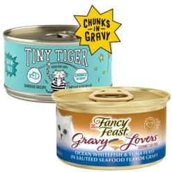 Tiny Tiger||Fancy Feast Tiny Tiger Chunks in Gravy Seafood Recipe Grain-Free Canned Cat Food, 3-oz, case of 24 + Fancy Feast Gravy Lovers Ocean Whitefish & Tuna Feast in Sauteed Seafood Flavor Gravy Canned Cat Food, 3-oz, case of 24