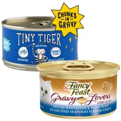 Tiny Tiger||Fancy Feast Tiny Tiger Chunks in Gravy Tuna Recipe Grain-Free Canned Cat Food, 3-oz, case of 24 + Fancy Feast Gravy Lovers Ocean Whitefish & Tuna Feast in Sauteed Seafood Flavor Gravy Canned Cat Food, 3-oz, case of 24