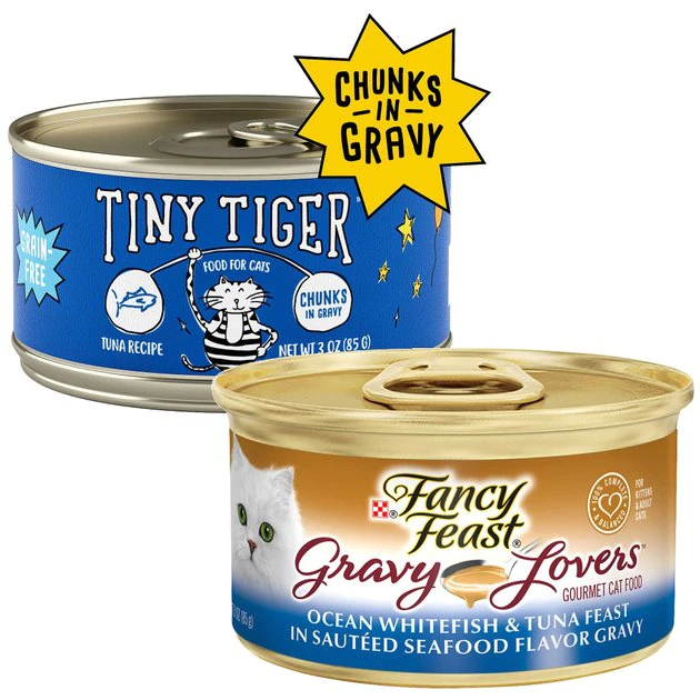 Tiny Tiger||Fancy Feast Tiny Tiger Chunks in Gravy Tuna Recipe Grain-Free Canned Cat Food, 3-oz, case of 24 + Fancy Feast Gravy Lovers Ocean Whitefish & Tuna Feast in Sauteed Seafood Flavor Gravy Canned Cat Food, 3-oz, case of 24 3 Tiny Tiger||Fancy Feast Tiny Tiger Chunks in Gravy Tuna Recipe Grain-Free Canned Cat Food, 3-oz, case of 24 + Fancy Feast Gravy Lovers Ocean Whitefish & Tuna Feast in Sauteed Seafood Flavor Gravy Canned Cat Food, 3-oz, case of 24