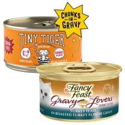 Tiny Tiger||Fancy Feast Tiny Tiger Chunks in Gravy Turkey Recipe Grain-Free Canned Cat Food, 3-oz, case of 24 + Fancy Feast Gravy Lovers Turkey Feast in Roasted Turkey Flavor Gravy Canned Cat Food, 3-oz, case of 24