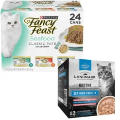 Fancy Feast||American Journey Fancy Feast Classic Seafood Feast Variety Pack Canned Food + American Journey Landmark Broths Seafood Variety Pack Wet Cat Food Complement Pouches