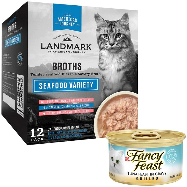 Fancy Feast||American Journey Fancy Feast Grilled Tuna Feast in Gravy Canned Food+ American Journey Landmark Broths Seafood Variety Pack Wet Cat Food Complement Pouches 3 Fancy Feast||American Journey Fancy Feast Grilled Tuna Feast in Gravy Canned Food+ American Journey Landmark Broths Seafood Variety Pack Wet Cat Food Complement Pouches