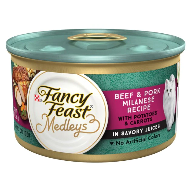 Fancy Feast Medleys Beef & Pork Milanese with Carrots & Potatoes in Savory Juices Wet Cat Food, 3-oz can, case of 24 3 Fancy Feast Medleys Beef & Pork Milanese with Carrots & Potatoes in Savory Juices Wet Cat Food, 3-oz can, case of 24